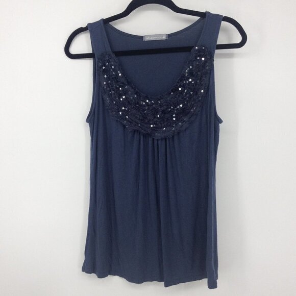 Olivia Moon Blue Tank Top Lace and Sequin Ruffled Collar Size L - Picture 4 of 10